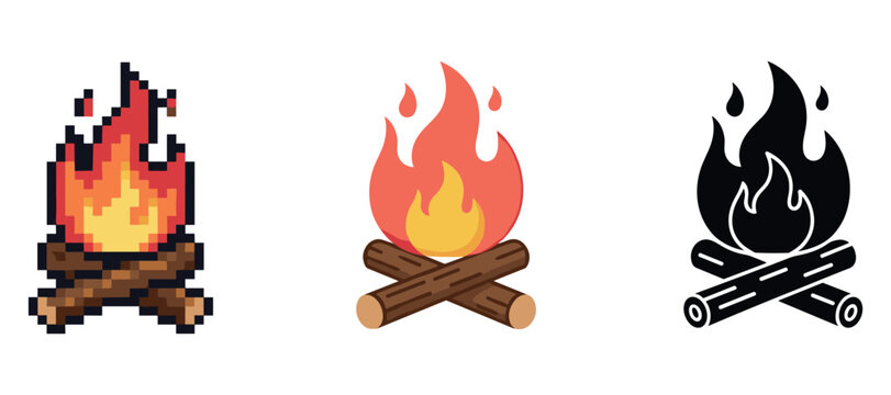 Pixel art campfire icon set: pixelated, flat, and monochrome styles