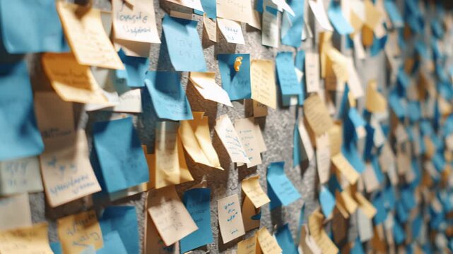 A wall covered in many small, colorful, handwritten notes