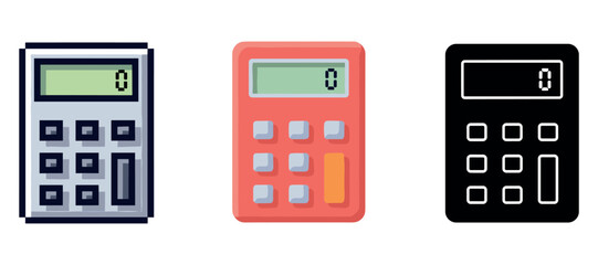 Set of three colorful calculators with digital screens