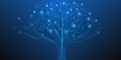 A digital tree of life with glowing blue nodes and branching connections