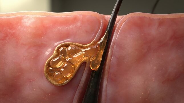 Sebum Production Detail: A scientific visualization of a single sebaceous gland secreting golden, oi