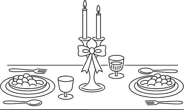 Hand-drawn illustration of a formal dinner table setting with two place settings, complete with plates of food, cutlery, glasses, and a candelabra with lit candles