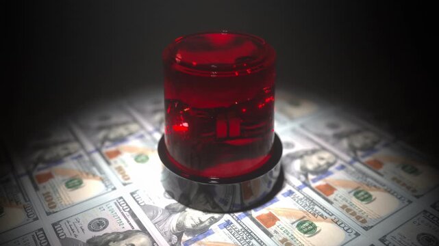 Red Emergency Light on US Dollar Bills Financial Urgency and Alertness in Dimly Lit Scene Highlighting Currency Crisis and Dramatic Atmosphere with Money and Finance Themes