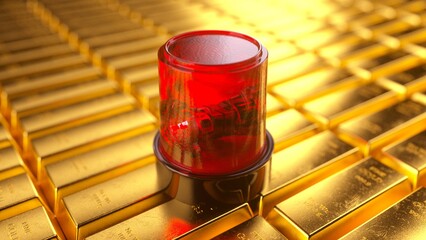Red Emergency Light on Shiny Gold Bars Striking Contrast of Urgency and Wealth Alert with Vibrant Red and Gold Stack © blckpichstudio