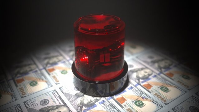 Red Emergency Light on US Dollar Bills Financial Urgency and Alertness in Dimly Lit Scene Highlighting Currency Crisis and Dramatic Atmosphere with Money and Finance Themes