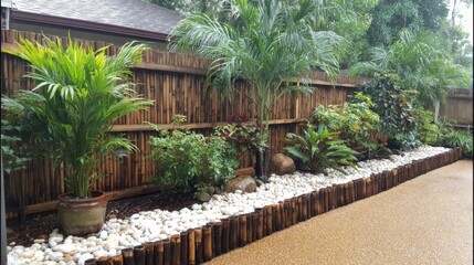 Lush tropical foliage borders a tall screen made of vertically oriented natural wooden poles
