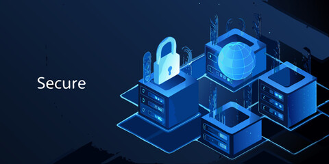 Naklejka premium Isometric depiction of digital security featuring a padlock and data servers