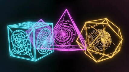 Glowing Neon Geometric Platonic Solids Animation Loop. - Powered by Adobe