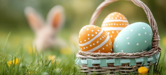 happy easter holiday celebration, background banner greeting card - Close-up of rabbit hare easter bunny and easter eggs in basket on meadow