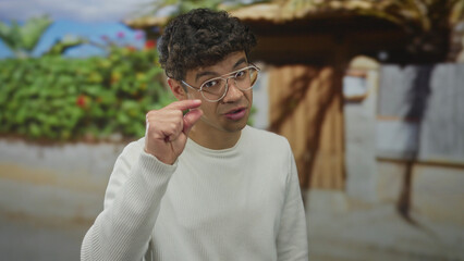 Fototapeta premium Young hispanic man in white shirt and clear glasses pinches fingers at building entrance outdoors under sunlight; precision.