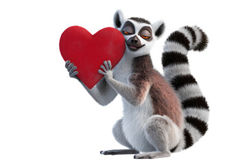 Fototapeta premium Cute cartoon lemur holding big red heart valentine love illustration