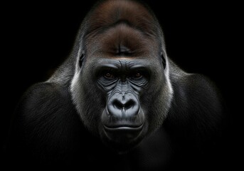 Fototapeta premium Powerful silverback gorilla portrait looking directly at camera isolated on dark background