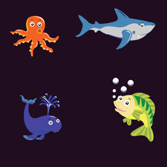 Colorful ocean creatures including octopus, shark, whale, and fish in a vibrant underwater scene viewed from above.