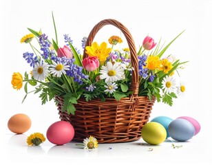 Obraz premium Vibrant Spring Flowers in Woven Basket with Colorful Easter Eggs