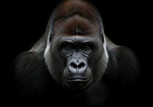 Powerful silverback gorilla portrait looking directly at camera isolated on dark background