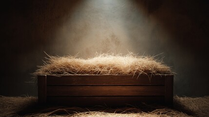 Wooden manger with straw under soft spot light. Empty wooden manger with straw receiving warm light, symbolizing birth and new beginnings