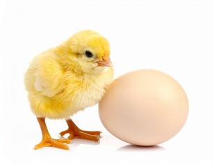 Fototapeta premium Cute Yellow Chick Next to Egg on White Background