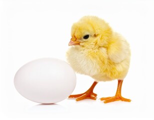 Fototapeta premium Cute Yellow Chick Standing Beside White Egg on White Background