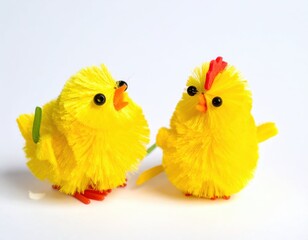Cute Yellow Chickens Made from Pipe Cleaners on White Background