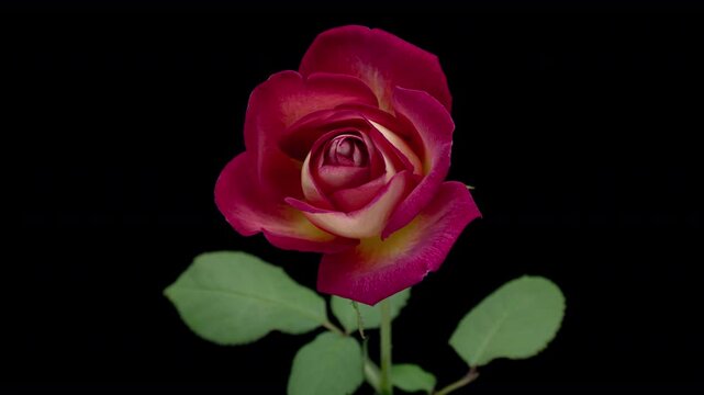 Beautiful opening pink rose on black background. Holiday, love, birthday design backdrop. Bud closeup. Macro. 4K video timelapse	