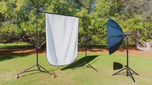 Quickdeploy mobile studio setup shown outdoors with lightweight stands and easytouse reflectors for fast portrait session preparation.