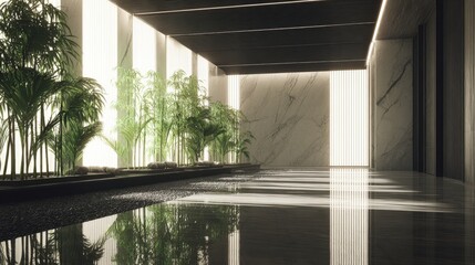 Modern interior hallway features a narrow water feature bordered by lush tropical plants and bright vertical lighting.
