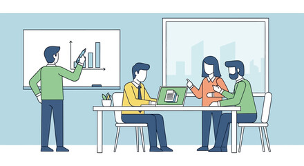 A business team collaborating and presenting data in an office meeting room.