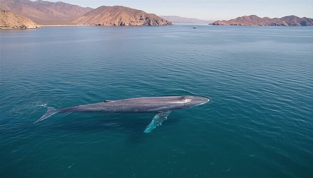 Aerial view of the blue whale (Balaenoptera musculus) swim on surface, the Gulf of California on Mexico's Pacific coast
