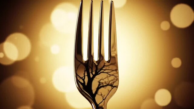 Silver fork with tree silhouette against warm golden bokeh background for dining concepts