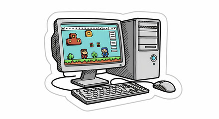 Retro personal computer system with monitor showing pixel art game including tower keyboard and mouse on white background