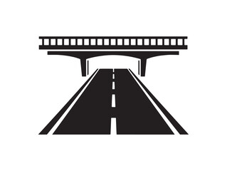 Simple black and white illustration of a highway leading under an overpass bridge structure