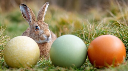 happy easter holiday celebration, background banner greeting card - Close-up of rabbit hare easter bunny and easter eggs on meadow