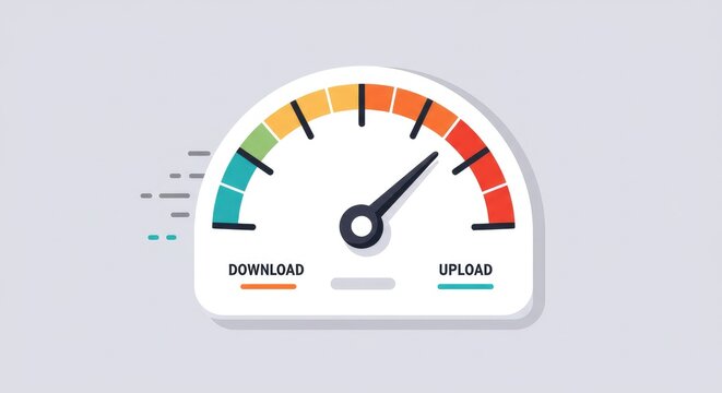 A graphic illustration of a speedometer gauge displaying internet connection speeds with a needle pointing to a high upload speed