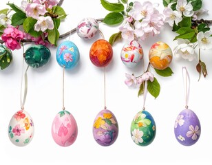 Colorful Hand-Painted Easter Eggs Surrounded by Floral Decorations