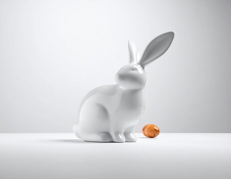 White Rabbit Sculpture with Orange Carrot on Minimalist Background