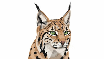 Obraz premium Stunning vector portrait of a lynx with intense green eyes, tufted ears, and a beautifully spotted coat, looking aside on a white background.