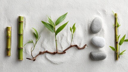 Elements of nature representing growth and balance arranged on a fine white surface.