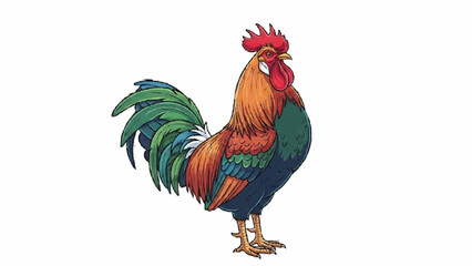Vibrant and colorful illustration of a proud rooster standing tall, showcasing its red comb, green tail feathers, and confident posture. © MS