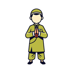 Obraz premium Cartoon man in green uniform praying with hands together.