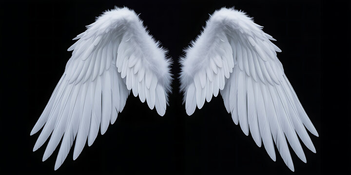 Pair of majestic white angel wings spread open against a stark black background, evoking divinity and purity.
