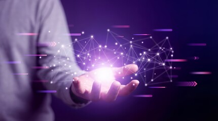A person's hand presents a glowing interconnected network of lines and dots against a deep purple digital abstract background with glowing arrows technology connection data futuristic communication