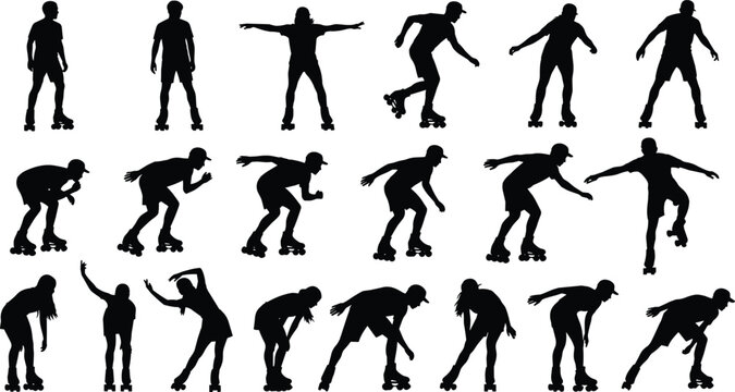 Black silhouettes of men and women rollerblading and inline skating in various active poses for outdoor sports and fitness concepts