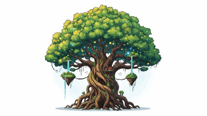 Naklejka premium Magical fantasy illustration of a giant, ancient tree with glowing lights, waterfalls, and small houses built into its sprawling, rooted structure.