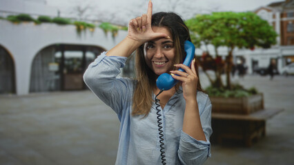 Hispanic woman holding blue handset to ear while smiling and making l with left hand on forehead in...