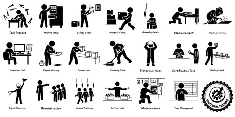 技能習得と現場作業を示す職業訓練ピクトグラム集、Job Training and Skill Development Pictograms © MEG-MEG