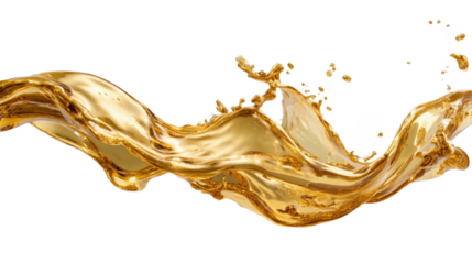 A stream of liquid moves in a flowing shape, creating splashes of droplets around it. The background is plain and bright, highlighting the movement of the fluid.