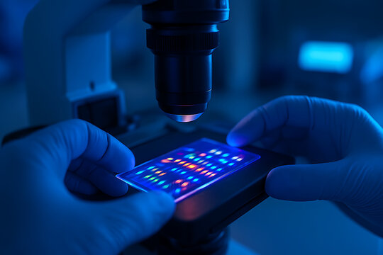 Scientist hands in blue gloves placing a multicolored glowing DNA microchip or sequencing slide under a microscope in a dark high-tech research lab