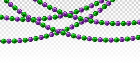 Vector Mardi Gras beads decoration with purple and green colors isolated on transparent background.