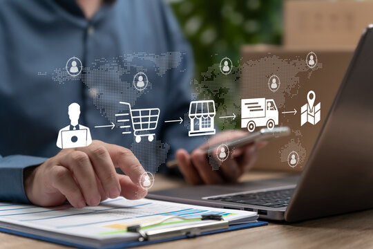 International transportation online logistics, Delivery tracking concept, Businessman using laptop monitor worldwide shipping, Digital logistics icons, Real time route tracking,Supply chain management