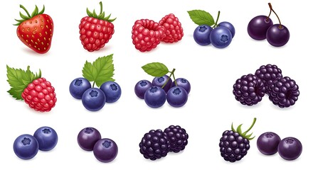 A collection of colorful berries and cherries on a white background